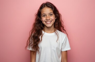 Fototapeta premium Young hispanic girl with long brown hair smiles happily against plain pink background. Wearing simple white t-shirt, exudes confidence, joy. Cheerful expression, natural look make relatable for