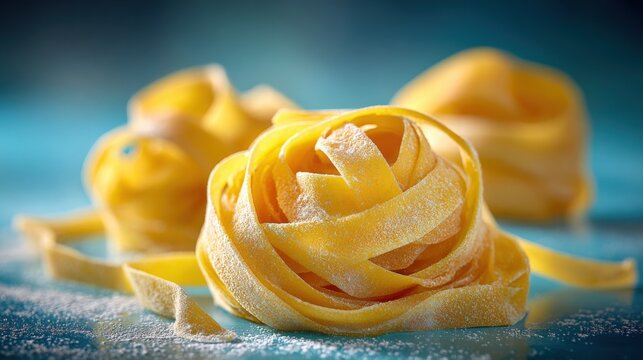 Close-up of freshly made uncooked Italian pasta s with a rustic background for Italian cuisine and culinary arts