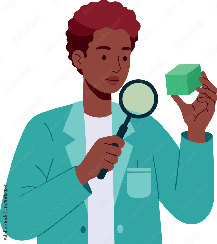 Aufkleber scientist analyzing green cube with magnifying glass in laboratory setting vector illustration