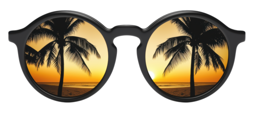 Black sunglasses with lenses reflecting a sunset, palm trees, sandy beach, and sea. Tropical vacation vibe. Isolated on a transparent background.