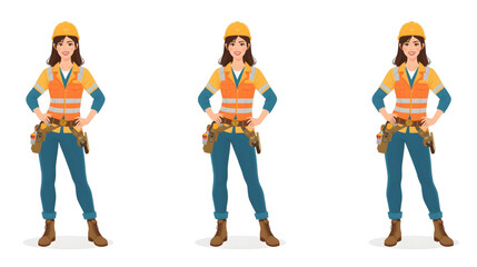 A confident female construction worker stands in full safety gear including a hard hat, reflective vest, and tool belt, symbolizing strength and professionalism in engineering and industrial fields.