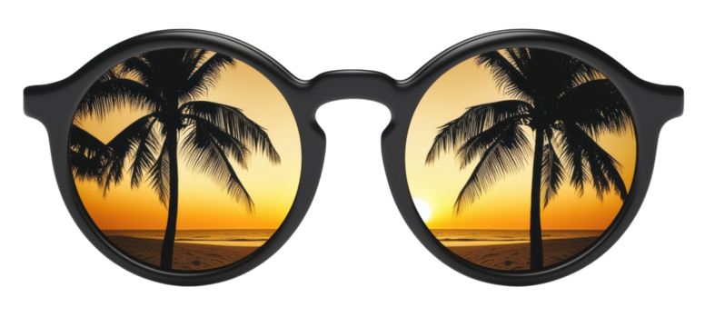 Black sunglasses with lenses reflecting a sunset, palm trees, sandy beach, and sea. Tropical vacation vibe. Isolated on a transparent background.
