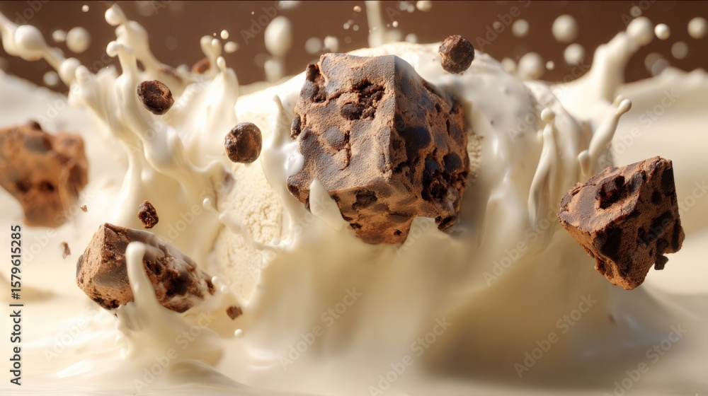 Poster delicious creamy vanilla ice cream with chocolate chunks and cocoa nibs splashing and falling, refre