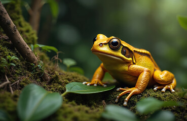 Fototapeta premium Bright yellow frog, likely Ceratophrys cornuta Pacman frog, rests on mossy branch. Features large, dark eyes, textured skin, yellow spotted pattern. Amphibian vibrant colors in natural habitat.