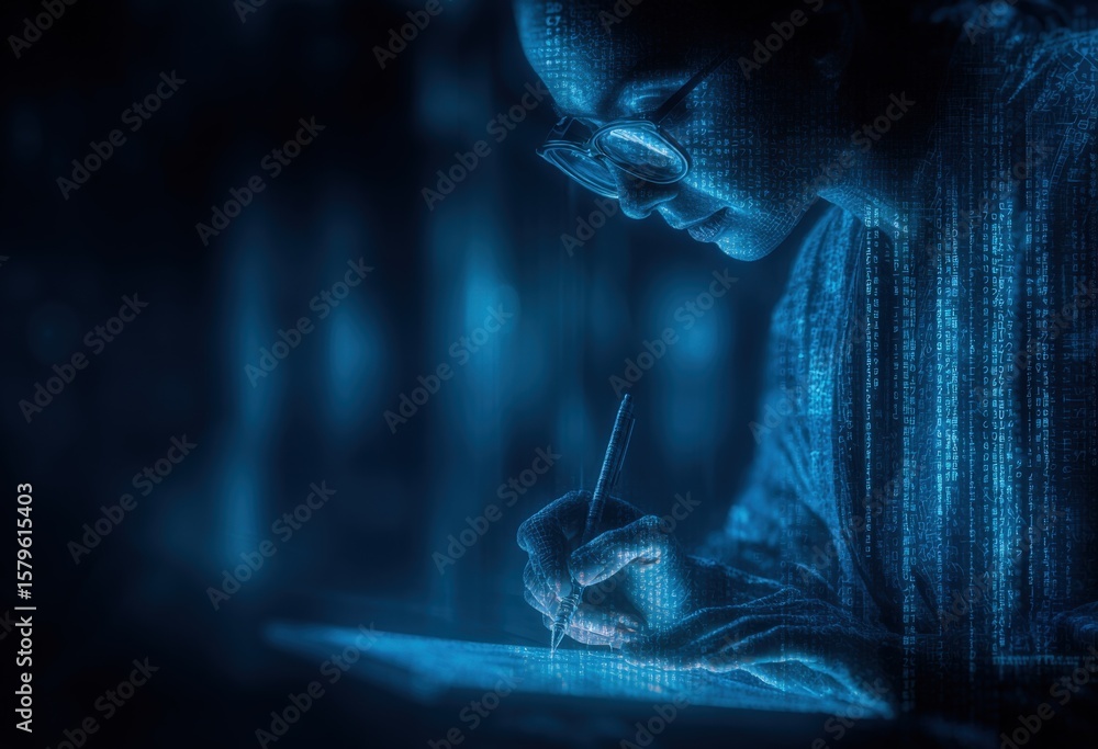 Aufkleber young male hacker in hooded sweatshirt glasses working on computer in dark room illuminated by blue 