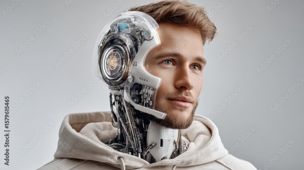 Poster young man with futuristic robot head mask and cybernetic facial features in a modern high-tech studi
