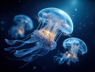 Fototapeta premium Stunning close-up of bioluminescent jellyfish floating gracefully in deep ocean waters with glowing translucent bell and trailing tentacles at night