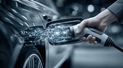 Advanced electric vehicle charging process with futuristic digital interface and technological innovation for eco friendly transportation
