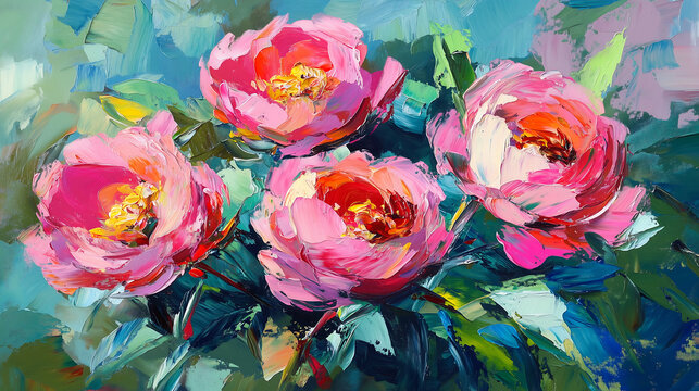 Close-up oil painting of blooming pink peonies with lush green leaves, expressive brush strokes, soft background in pastel tones, floral composition with vibrant colors, romantic and elegant mood, cla