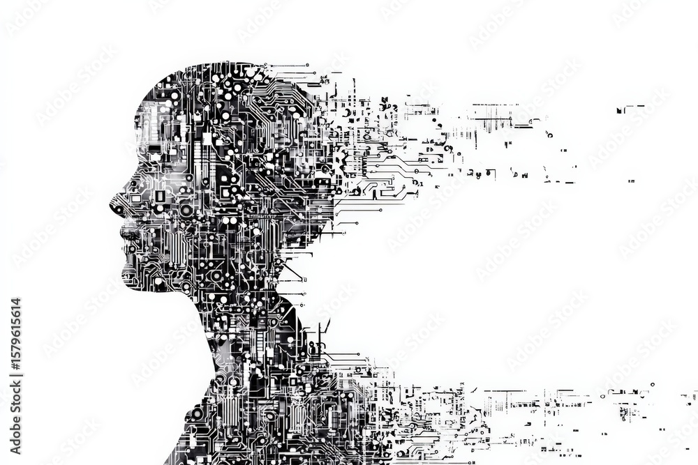 Poster intricate digital abstract female profile composed of interconnected circuitry and futuristic techno