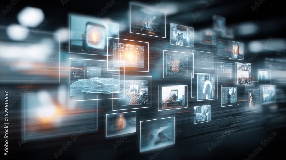 Poster futuristic digital interface with holographic screens displaying 3d data, information visualization,