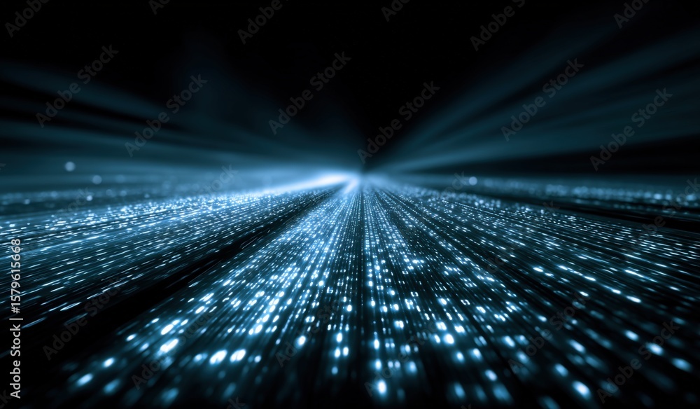 Poster futuristic digital universe with glowing blue data points and radiant light rays creating a high-tec