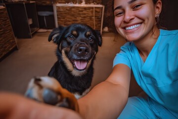 Happy young woman in veterinary uniform taking selfie with smiling adorable mixed breed dog in pet care clinic interior