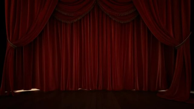 Luxurious stage with a red curtain hanging over a dark wood floor