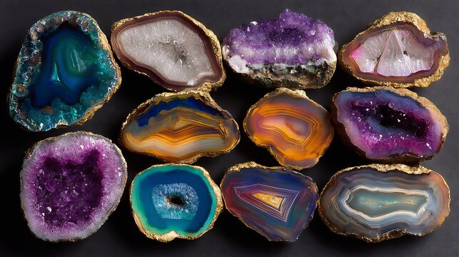 Collection of natural, colorful agate and amethyst geodes with gold edges.