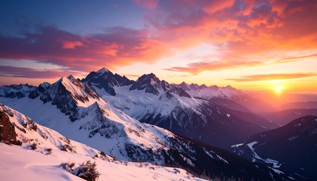 Snowy mountain peaks at sunset - Powered by Adobe