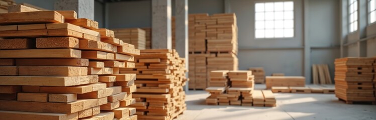Neatly stacked wooden planks, boards fill industrial building under construction. Raw timber material organized in piles, ready for use in construction projects. Sunlight streams through large