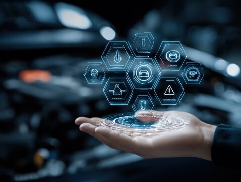 Futuristic autonomous vehicle technology concept with digital icons and holographic interface for smart transportation innovation