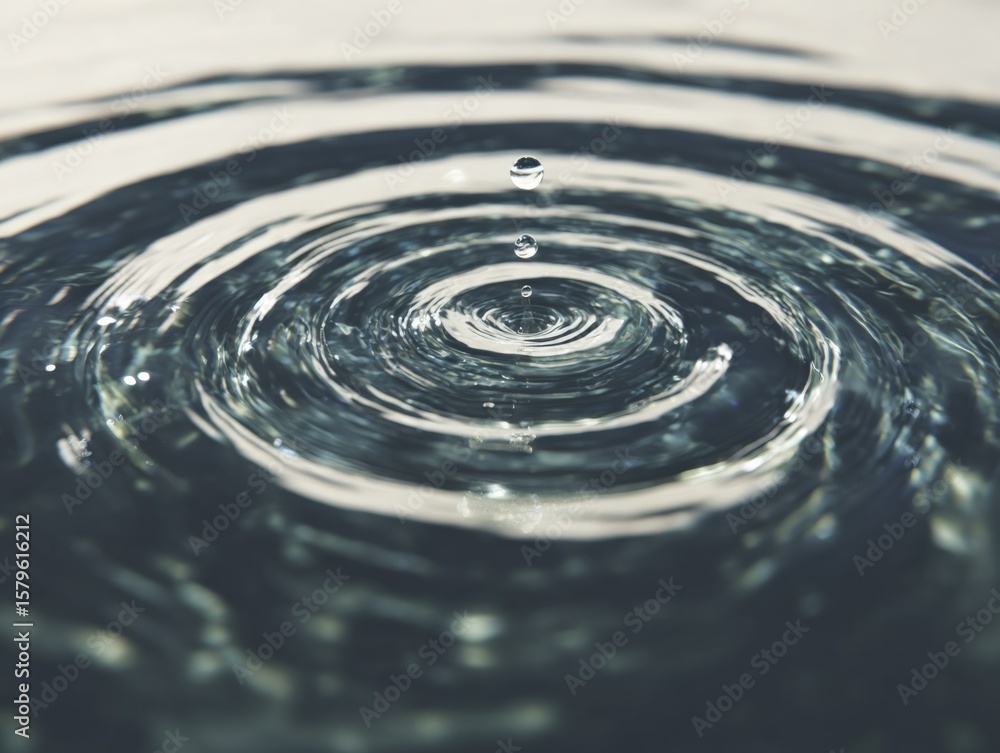 Poster close-up of a single water droplet falling into a calm water surface creating concentric ripples and