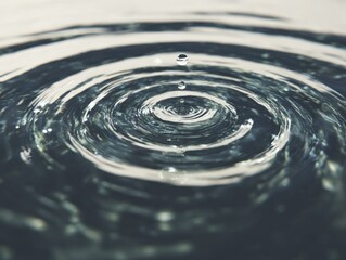 Close-up of a single water droplet falling into a calm water surface creating concentric ripples and splash effects in black and white