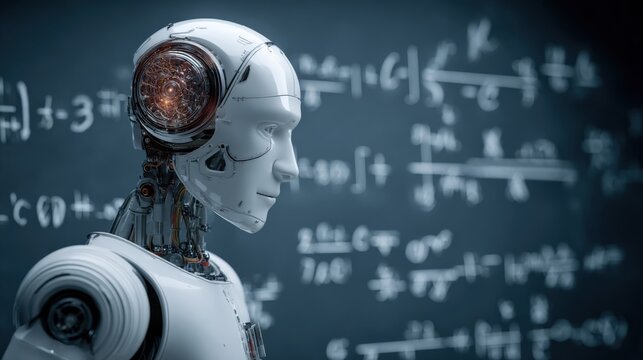 Highly detailed side profile of a futuristic humanoid robot with mechanical joints and advanced technology against a chalkboard with mathematical equations