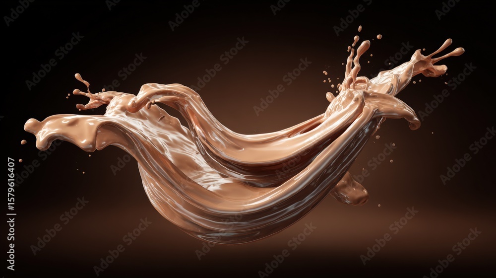 Poster dynamic flowing liquid splash in midair with realistic chocolate color and high detail isolated on d