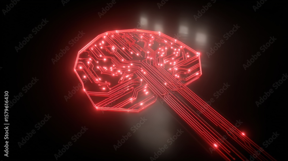 Poster high-tech digital brain illustration representing artificial ligence technology with glowing red cir