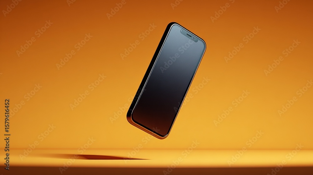 Poster modern sleek black smartphone with large display and minimal bezel floating against warm orange back