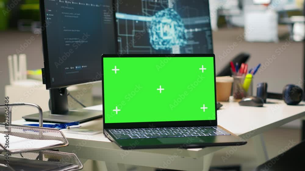 Fototapete isolated screen laptop in empty ai startup office displaying programming languages used for building