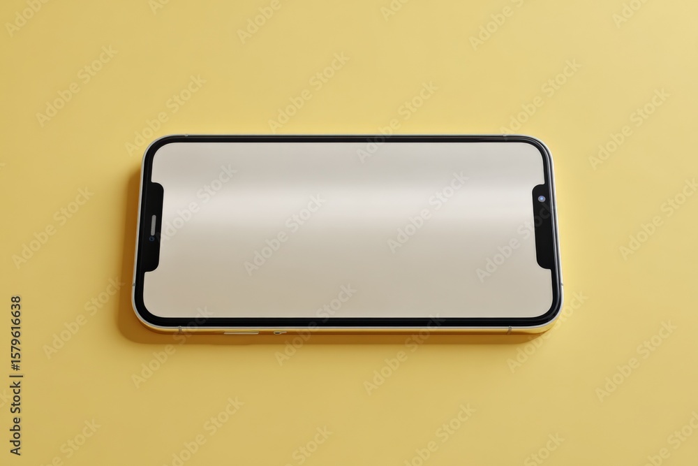 Poster modern smartphone with large display and slim design lying on a pastel yellow surface suitable for t