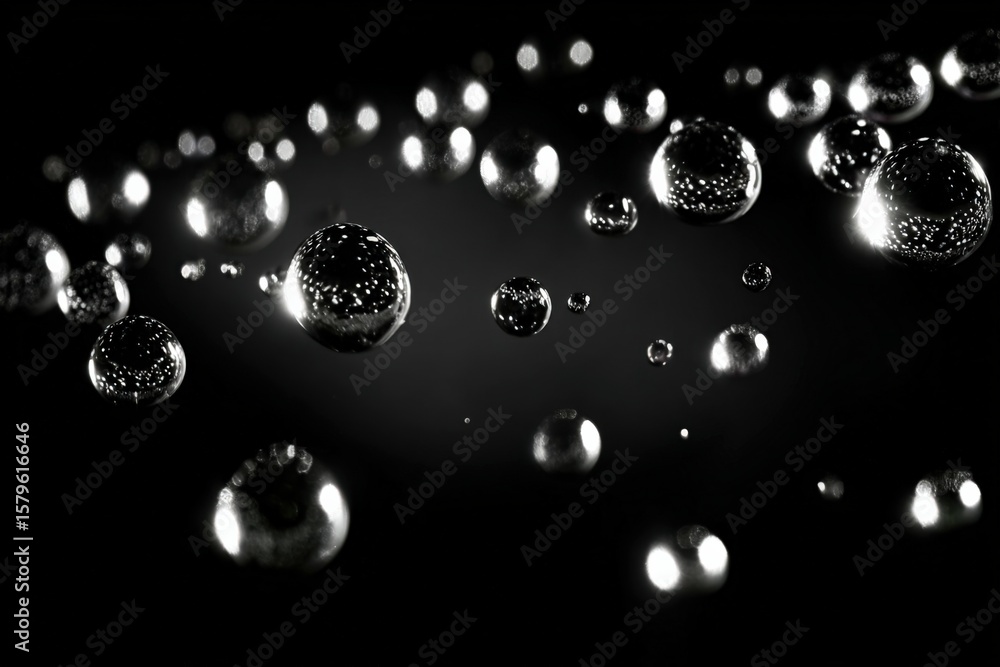 Poster abstract black and silver bubbles floating in dark space with reflections and detailed textures crea
