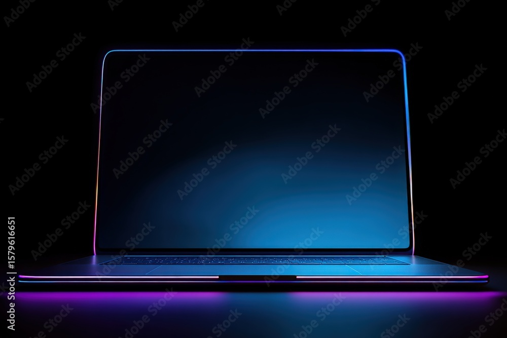 Poster modern sleek laptop computer with illuminated neon edges and glowing base on dark background for tec