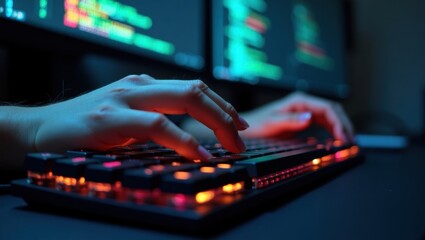 Hands typing on a backlit keyboard with computer screens showing code in the background at night