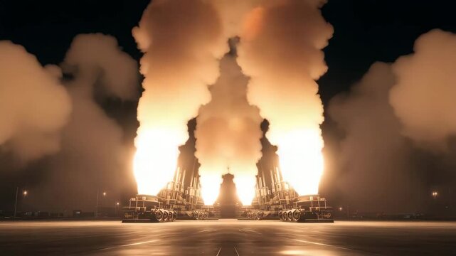 Fire of Futuristic Artillery Cannons &ndash; Ultra HD 8K Cinematic Military Scene with Techno Beat-Synced Muzzle Flashes and Recoil Motion