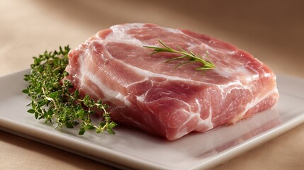 Fototapeta premium Close-up of raw meat with fresh rosemary and thyme on a white plate.