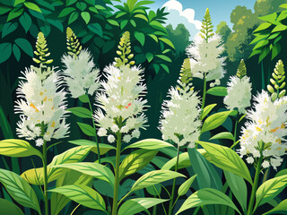 vector of A close-up panoramic view of the delicate white flowers of Cimicifuga Racemosa in a large garden where the flowers are in full bloom.