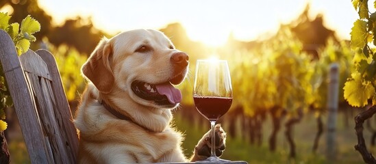 A golden Labrador retriever sits on a wooden chair in a vineyard, holding a glass of red wine. The sun sets in the background, illuminating the scene.
