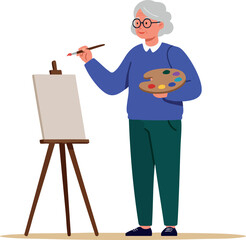 Fototapeta premium Elderly woman painting on canvas with palette and brush in casual clothes creative hobby activity vector illustration