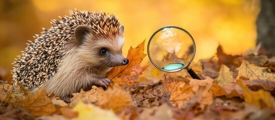 A small hedgehog with spines sits among colorful autumn leaves, curiously looking at a magnifying glass placed nearby.