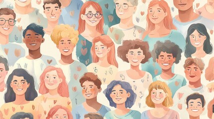 A diverse group of illustrated faces, featuring various hair colors and styles. The scene showcases a mix of ages and genders, with smiling expressions.