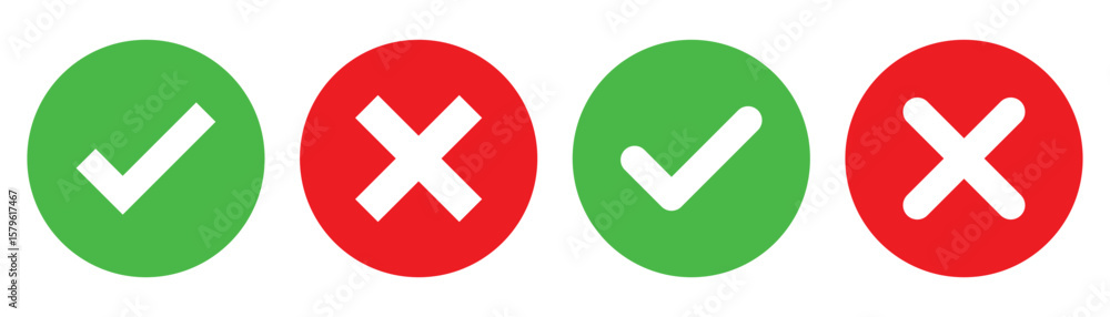 Poster set green approval check mark and red cross icons in circle and square, checklist signs, flat checkm