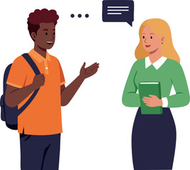Fototapeta premium Two students communicating with speech bubble in casual conversation vector illustration