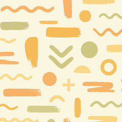 Geometric shapes and brush strokes in a seamless pattern on white