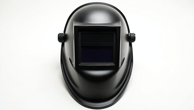 Black welding helmet, essential construction safety gear. Features automatic darkening lens for eye protection during metalwork. Ideal for industrial jobs, fabrication, repair work in manufacturing,