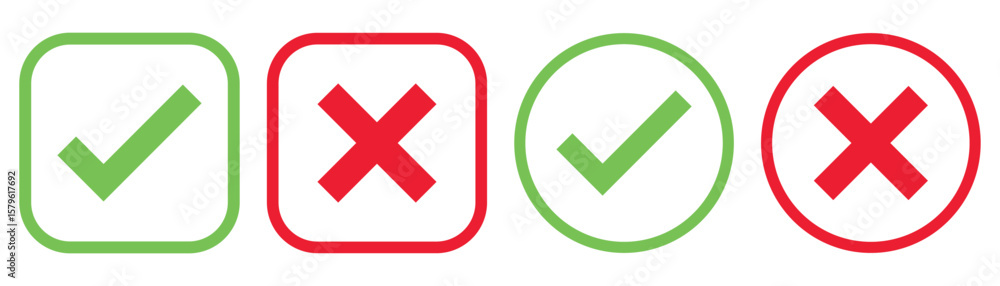 Poster set green approval check mark and red cross icons in circle and square, checklist signs, flat checkm