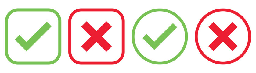 Fototapeta premium Set green approval check mark and red cross icons in circle and square, checklist signs, flat checkmark approval badge, isolated tick symbols