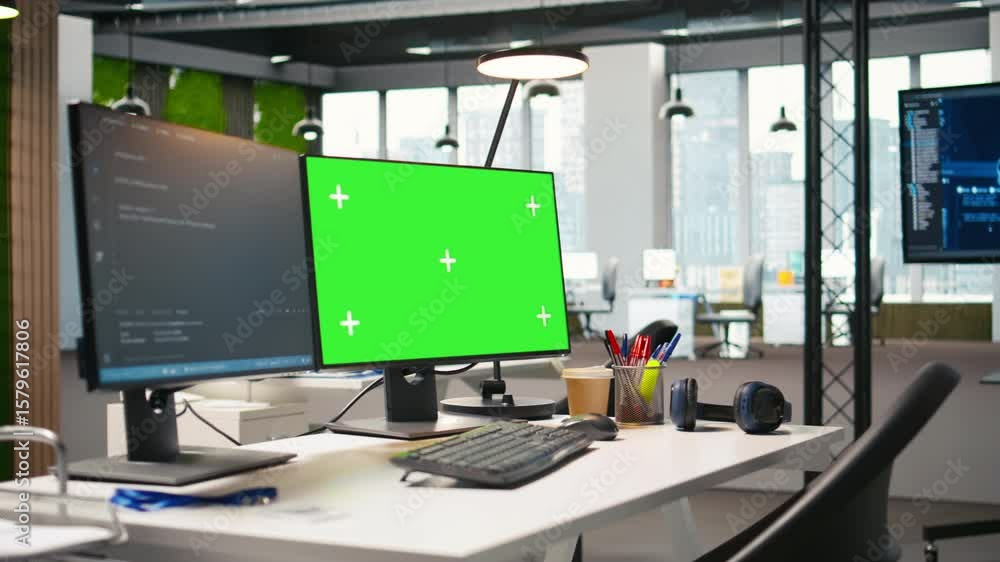 Poster empty startup office with green screen pc and artificial intelligence program running on monitors. m