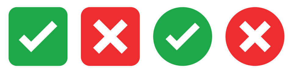 Obraz premium Set green approval check mark and red cross icons in circle and square, checklist signs, flat checkmark approval badge, isolated tick symbols