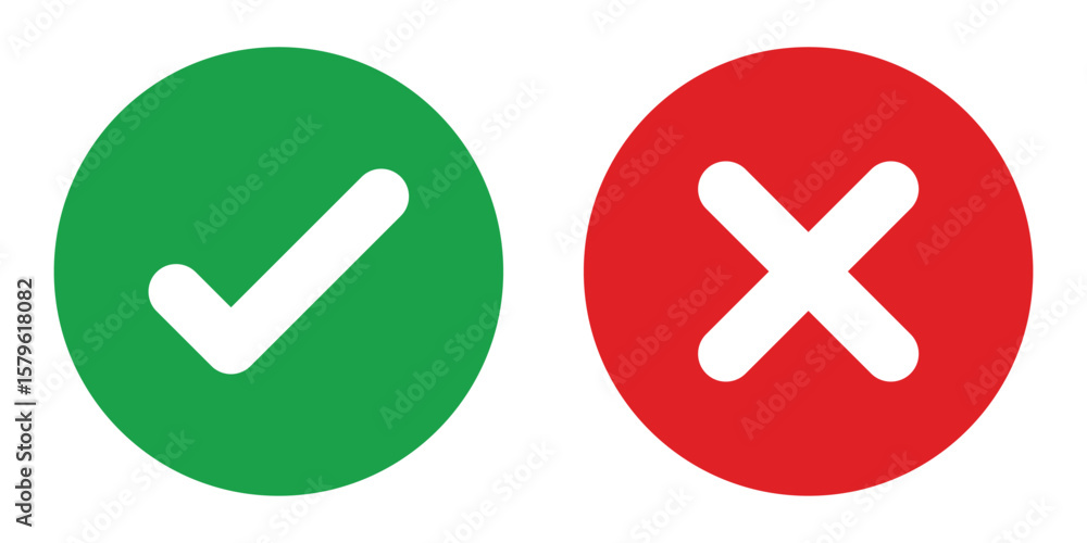 Poster set green approval check mark and red cross icons in circle and square, checklist signs, flat checkm