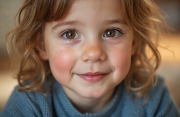 Close-up portrait of a smiling toddler girl with curly blonde hair. Her bright eyes gaze forward, cheeks flushed with a healthy glow. She wears a blue sweater. Focus on childhood innocence and joy.